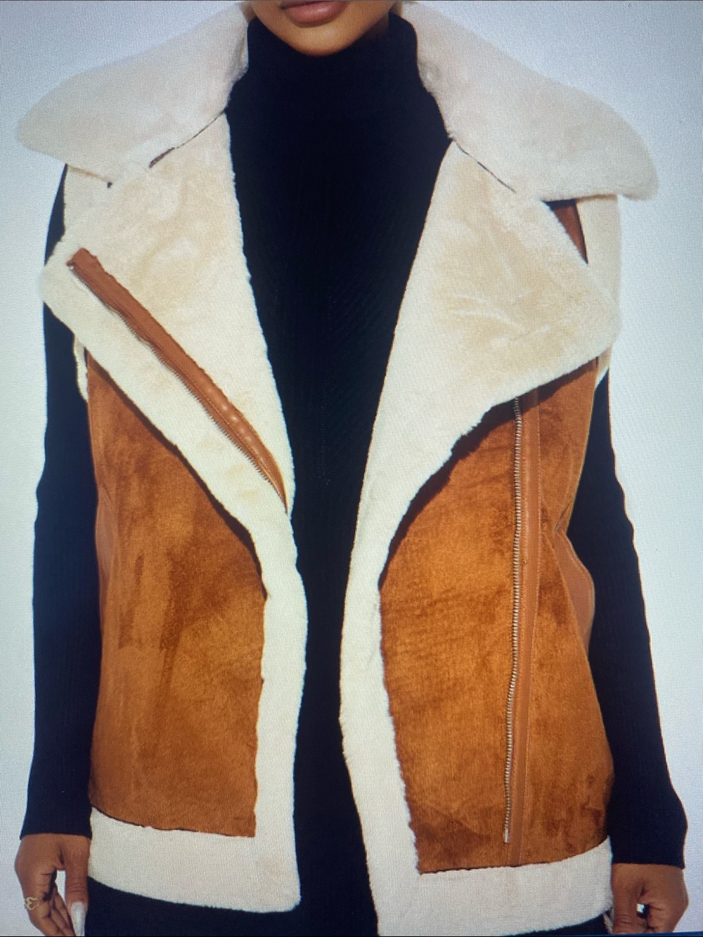 Fashion Nova Suede-Look Faux Shearling Vest in Tan and Cream